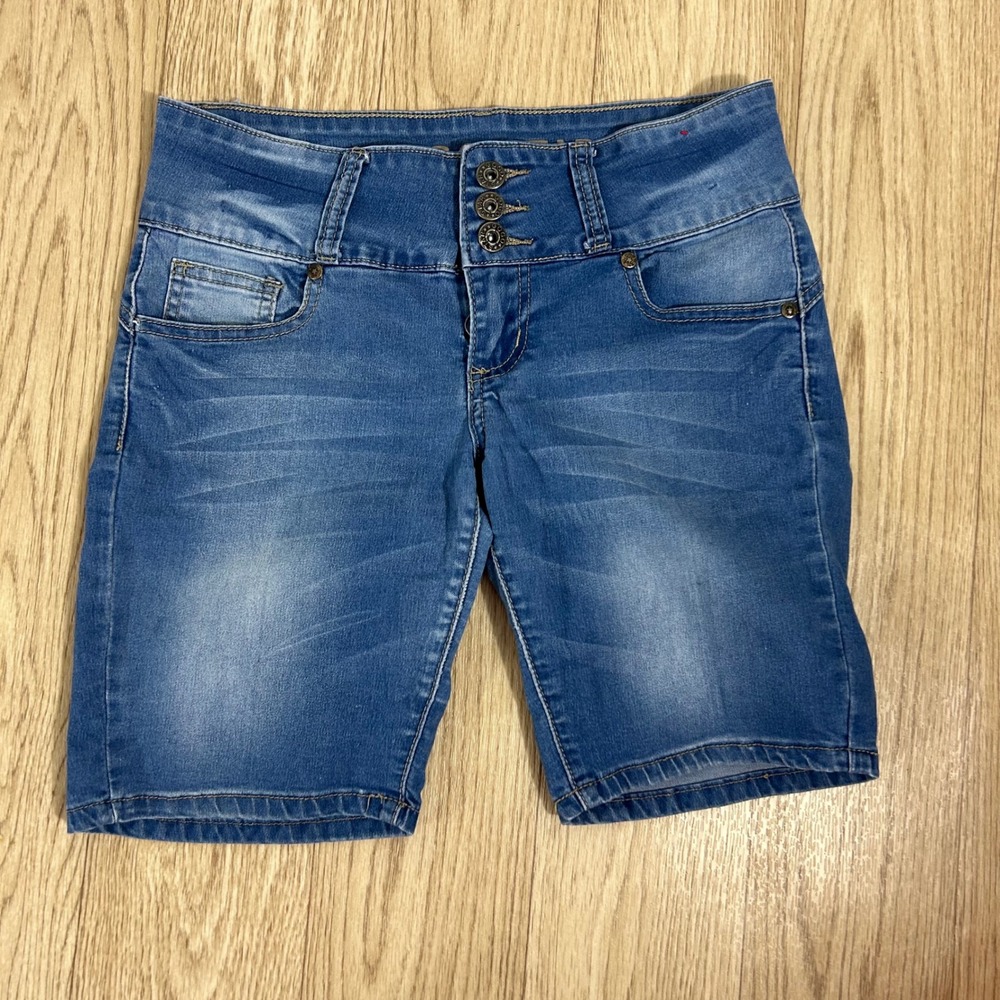 Gogo Star Denim Bermuda Shorts Juniors 7 Blue High‎ Rise Triple Button Stretch